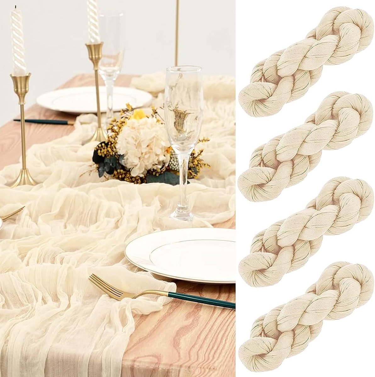 tafelloper, 4 stuks kaasdoek, 90 x 300 cm, rustieke mesh-stof, boho-tafelloper, zeepdoek voor bruiloften, bruidsfeestdecoraties, tafeldecoratie