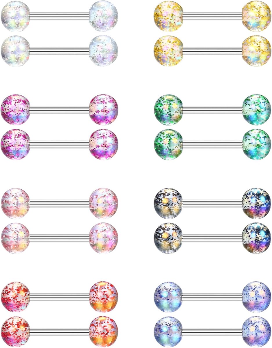 16 stuks 14G tongstaven chirurgisch staal tongstaafpiercing hypoallergeen metalen tongstang 12/14 mm tepelstaafjes tepelpiercing sieraden 16/18 mm lange halterpiercing sieraden voor dames en