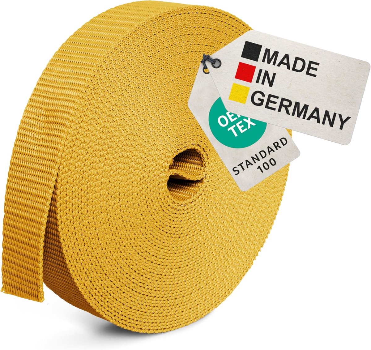 10 m universele riem 40 mm [Made in Germany] - geweven montageband van polypropyleen - riem voor bevestiging, naaien of accessoires voor rugzak, koffer, steekgesp, spanriem, geel