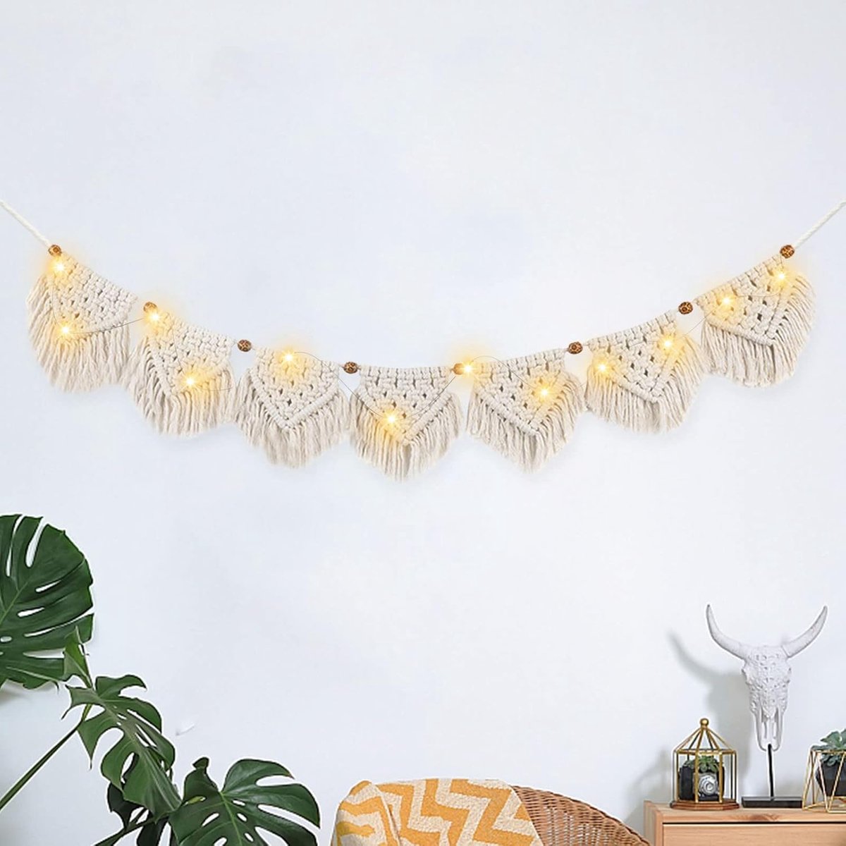 Decoratie, Macramé Wandtapijt, Chique Wandtapijt, Franjesslinger Met 3 m Led-Lichtsnoer, Handgeweven Slinger, Boho, Wanddecoratie Voor Woonkamer, Slaapkamer, Balkon