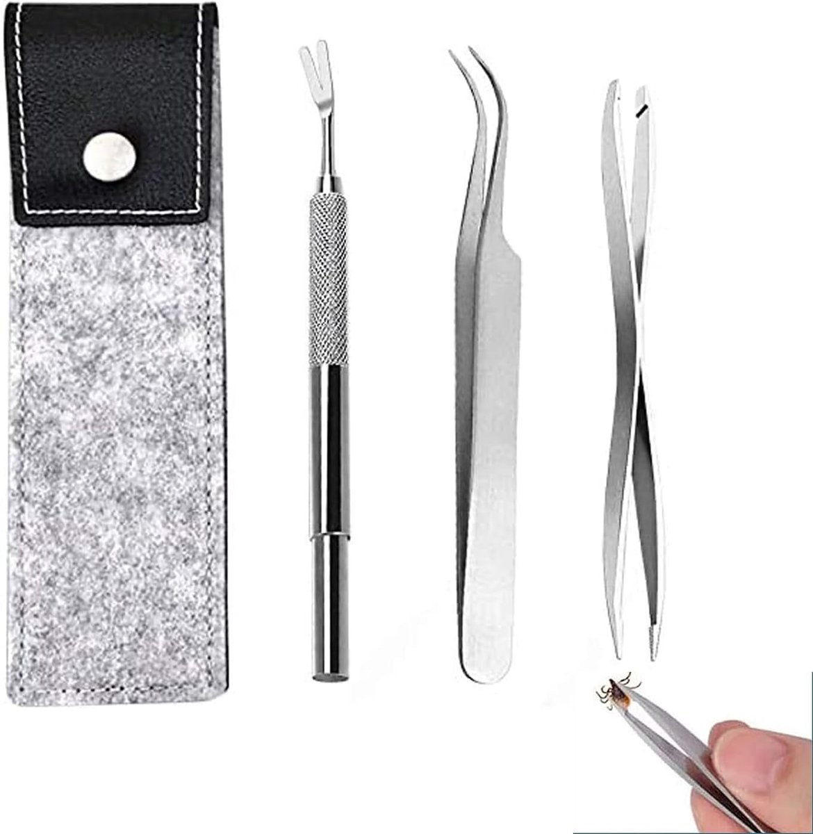 3 Pack Tekenverwijderaar, Tekenpincet met 3 sets roestvrij staal Professionele kwaliteit - Gemakkelijk teken verwijderen - Veilige tekenhaken voor mensen, honden, katten (Vilten opberghoes)
