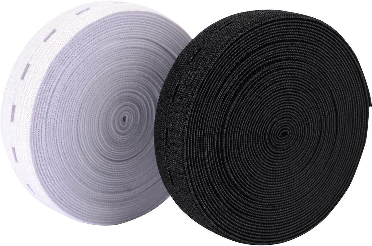 WedDecor Knoopgatband, glad oppervlak, zeer duurzaam, hoogwaardige elastische band voor naaien, breien, kunst- en knutselaccessoires, zwart en wit, 5 m x 20 mm