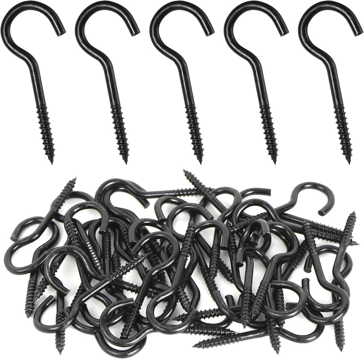 Haken, zwart, 40 stuks, haken, schroeven, 50 mm, draagvermogen 14-23 kg, roestvrijstalen haken om te schroeven, schroefhaken, set haakschroeven, inschroefhaken voor het bevestigen van