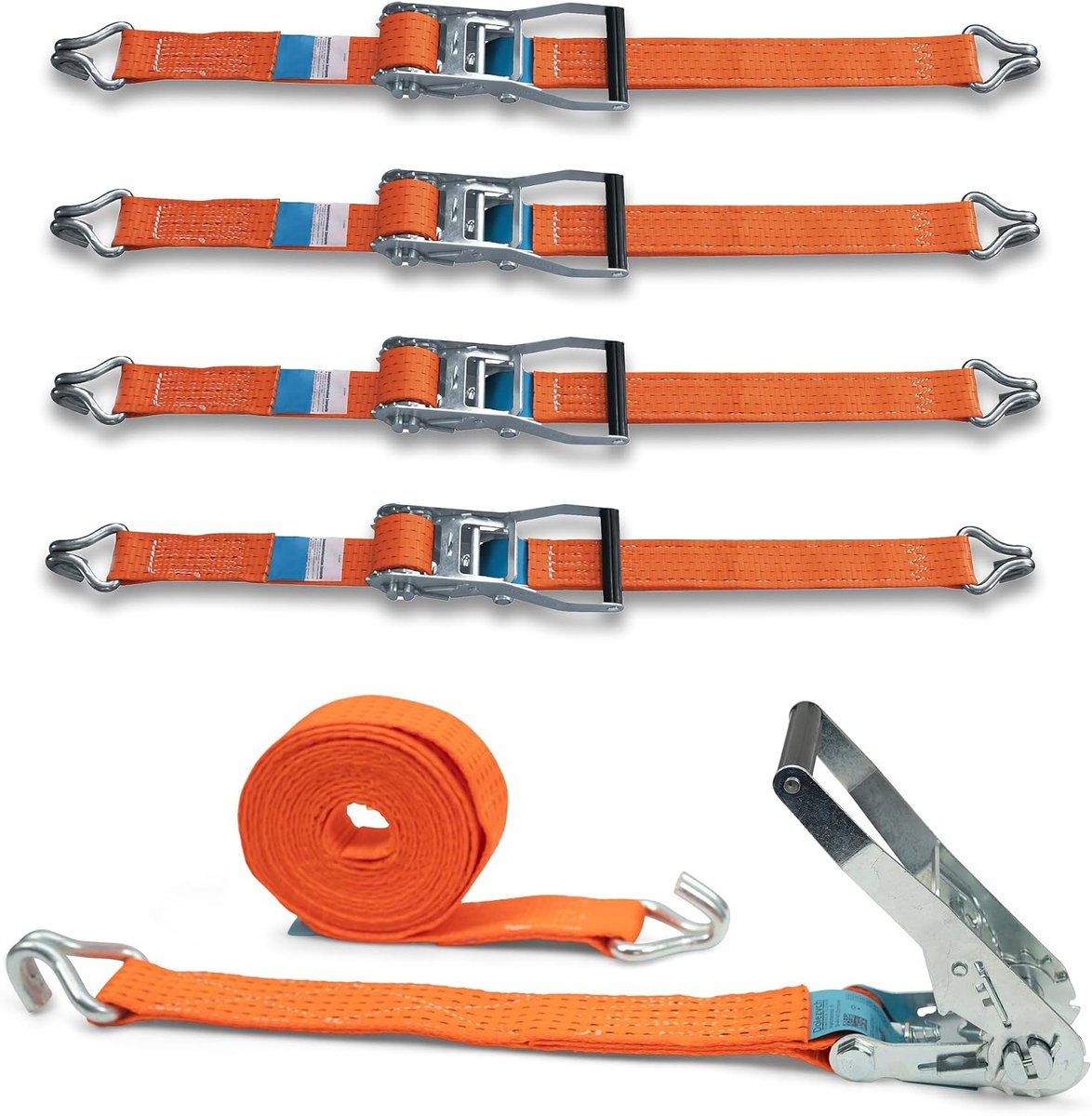 Spanbanden, set van 4 spanbanden, met stabiele ratel en profielhaken, belastbaar tot 2500 kg, 50 mm breed x 6 m lang, oranje, voor vrachtwagens en grote aanhangers