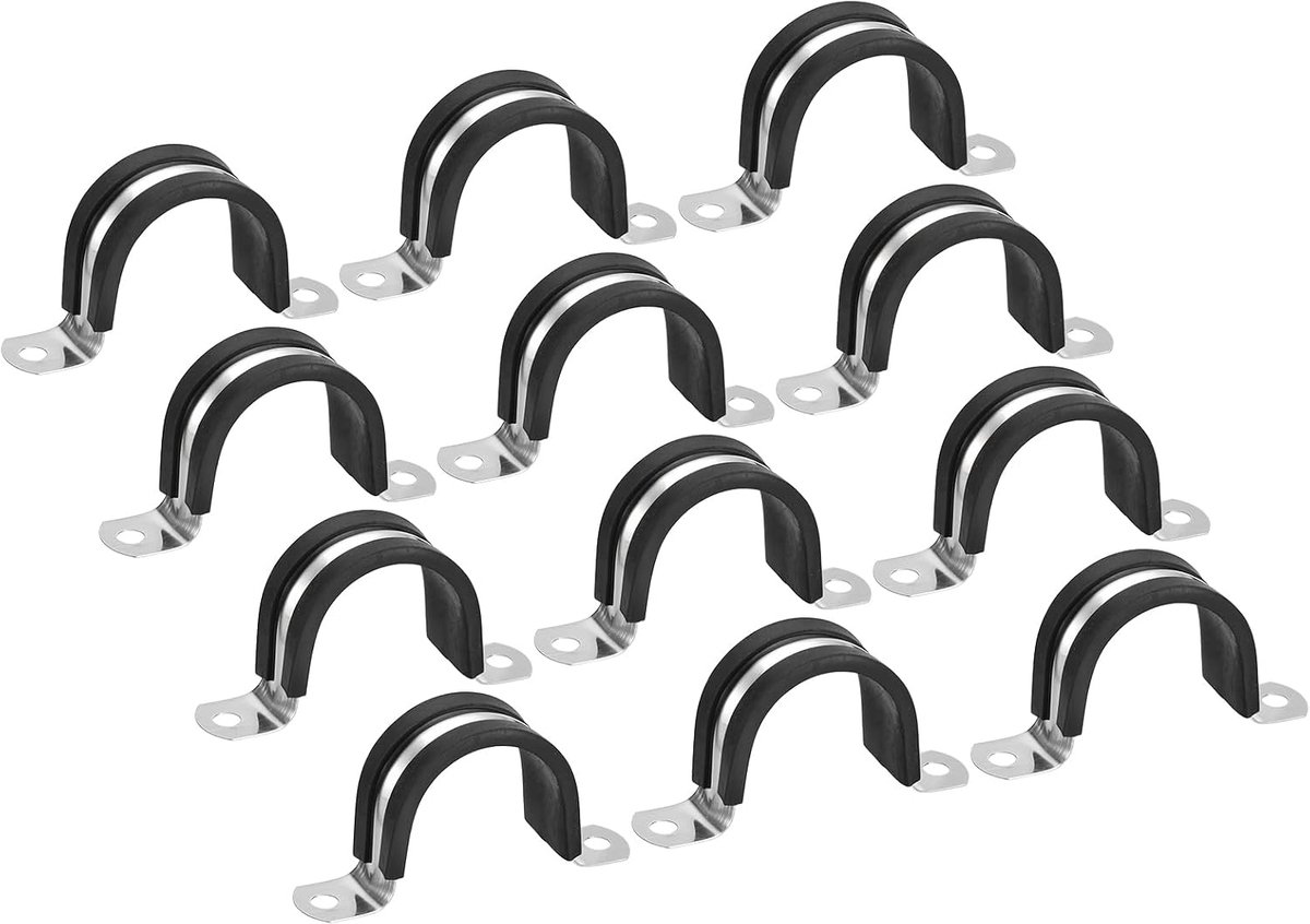sourcing map 12 stuks 38 mm (1-1/2") kabelklem, rubberen kabel, riem, rubber, gevoerd, 304 roestvrij staal, slangklem, U-vorm, metalen klem, buishouder voor buisleiding