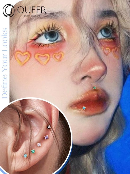 Body Piercing Threadless Lip Piercing Jewellery 14K Gold Labret Helix Piercing Stud CZ Push in Tragus Lobe Earring Piercing Bar Jewellery — afbeelding 4