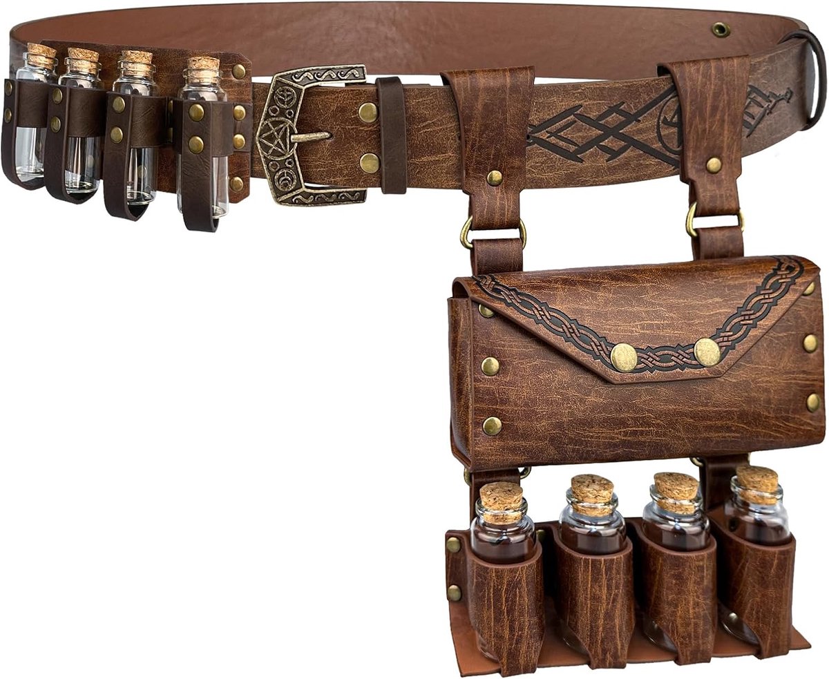 3 PCs Middeleeuwse Alchemie Riem Taille Pak Combo met Meerdere Drankflessen, Viking Rivet Riem Zijtasje voor Cosplay (Bruin C)
