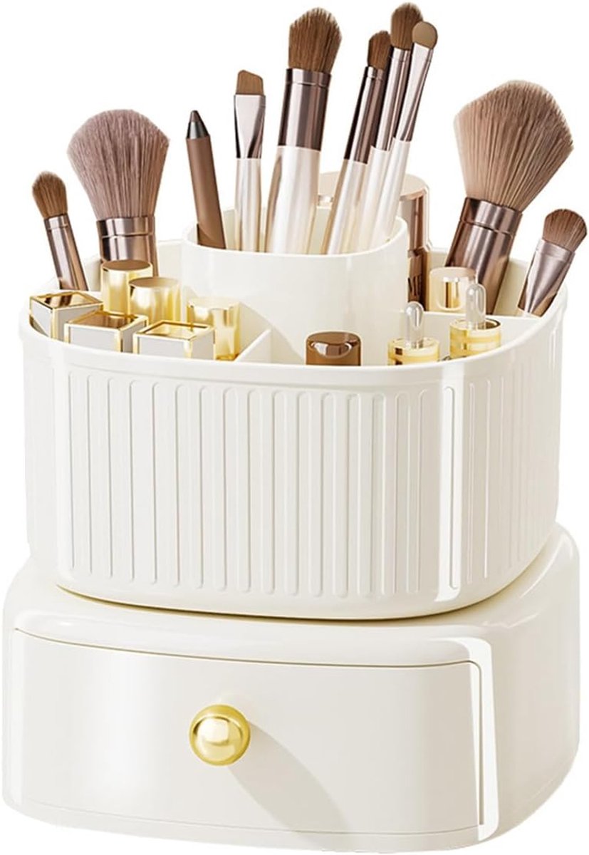 360 graden draaibaar, make-upkwasthouder met lade, bureau-organizer, cosmetica-organizer voor slaapkamer, badkamer (crèmewit)