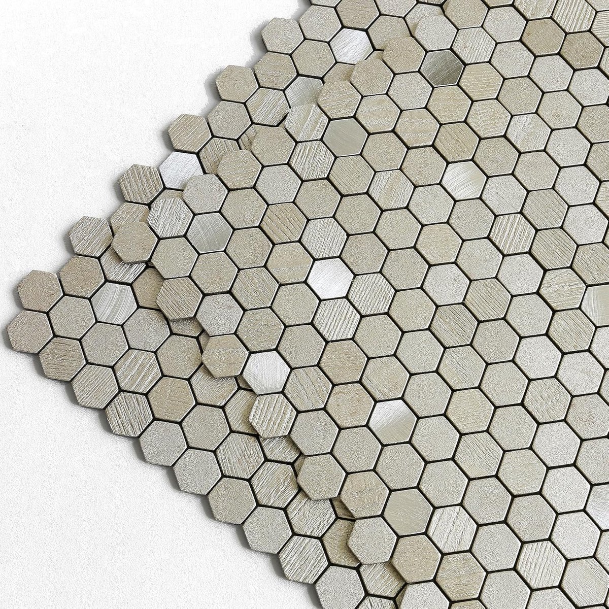 Backsplash tegels Peel and Stick zeshoekige penny tegel, klein mozaïek voor fornuis backsplash (10 stuks, champagne zilver)