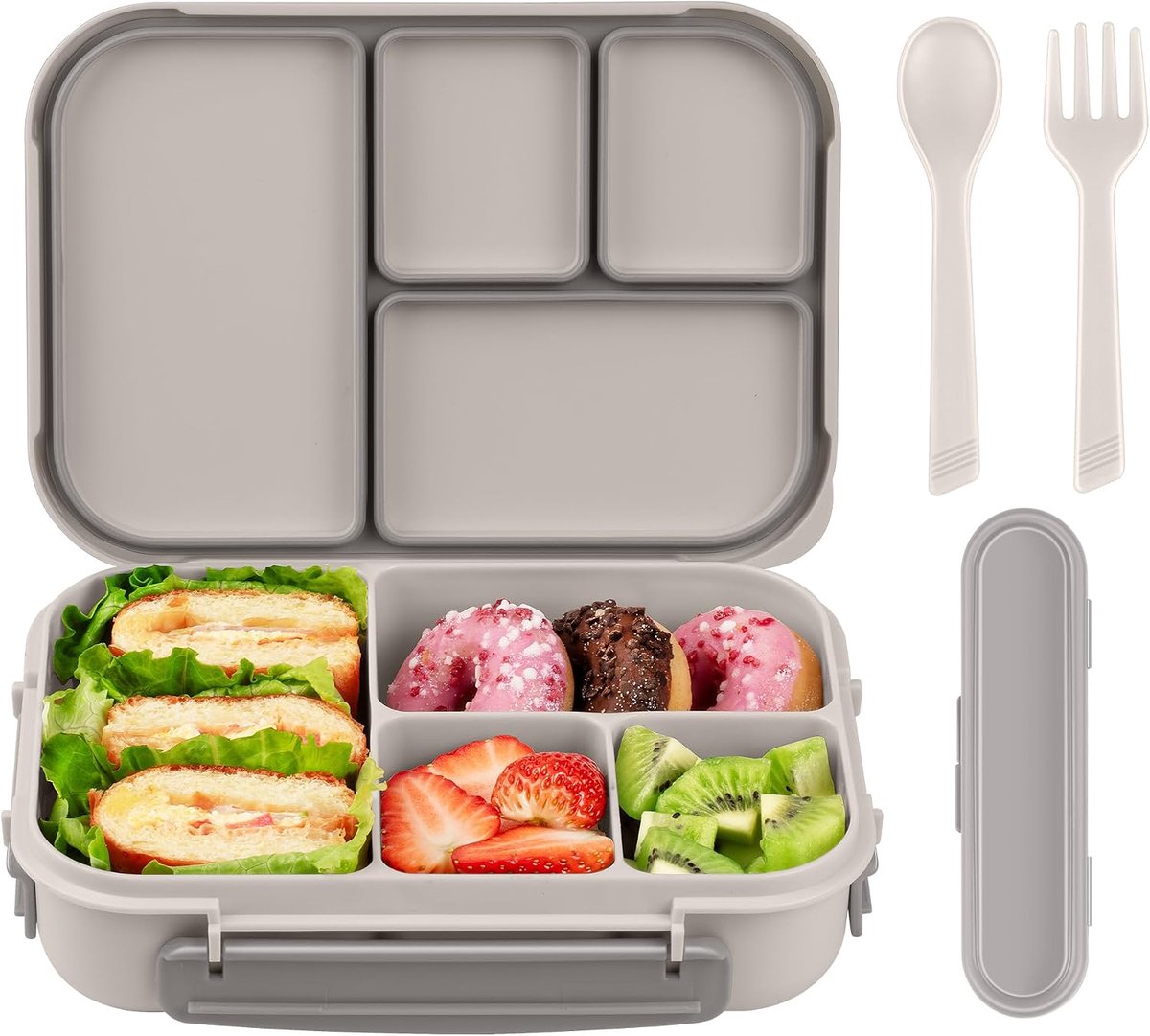 Lunch Box Adults/Kids,Bento Box Kids,1200ML-4 vakken Lekvrij Lunchbox met Keukengerei,Lunchbox Voor Volwassenen,Lunch Container,Snackbox Sandwichbox,Herbruikbaar (Wit)