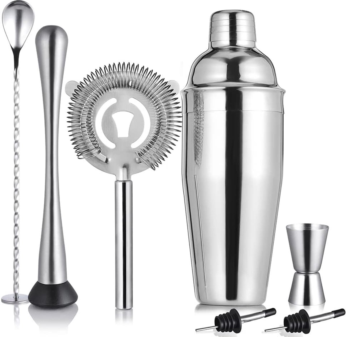 Cocktail Shaker Set Roestvrij Staal & Bar Set, Barkeeper Kit Mixology Drink Mixer, Bartending Tools Geschenken: Martini Shaker 680 ml, Barstamper, Zeef, Alcoholuitschenker, Roerspaan