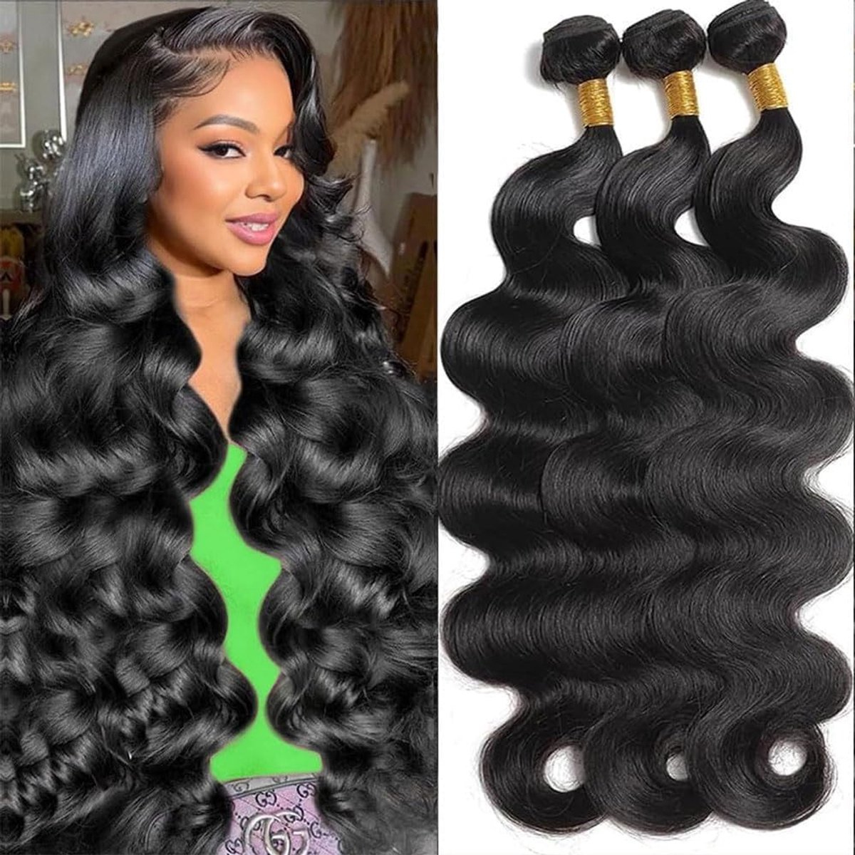 Wave Bundles menselijk haar, Weave Bundle menselijk haar golvend onbewerkt Braziliaans golvend haar 14 16 18 inch inslag echt haar zwart dik en vol echt haar voor styling (35/40/45 cm)