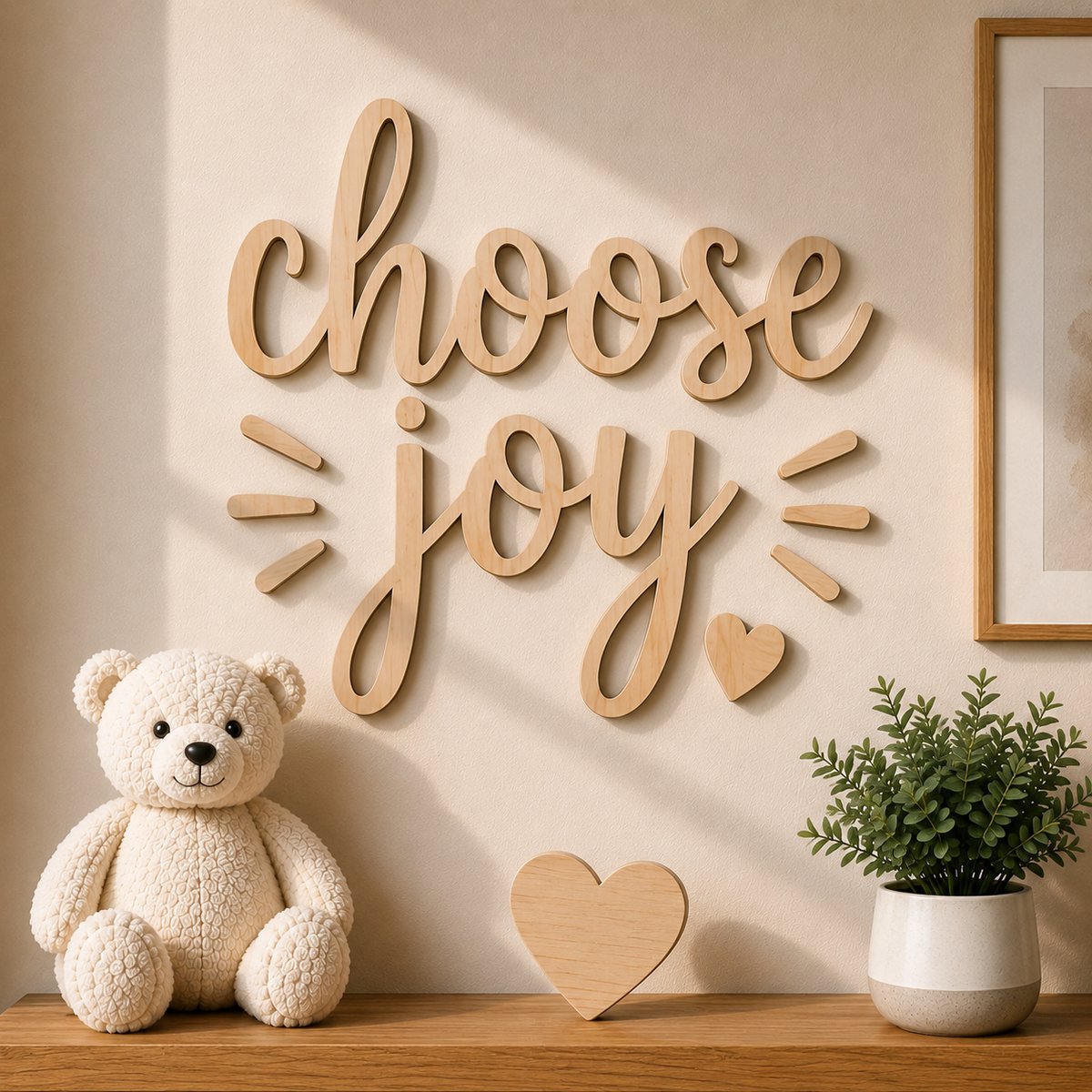 Houten Muurdecoratie "Choose Joy" – 40 x 40 cm – 5 mm Multiplex – Kinderkamer Wanddecoratie – Natuurlijk Hout/ baby