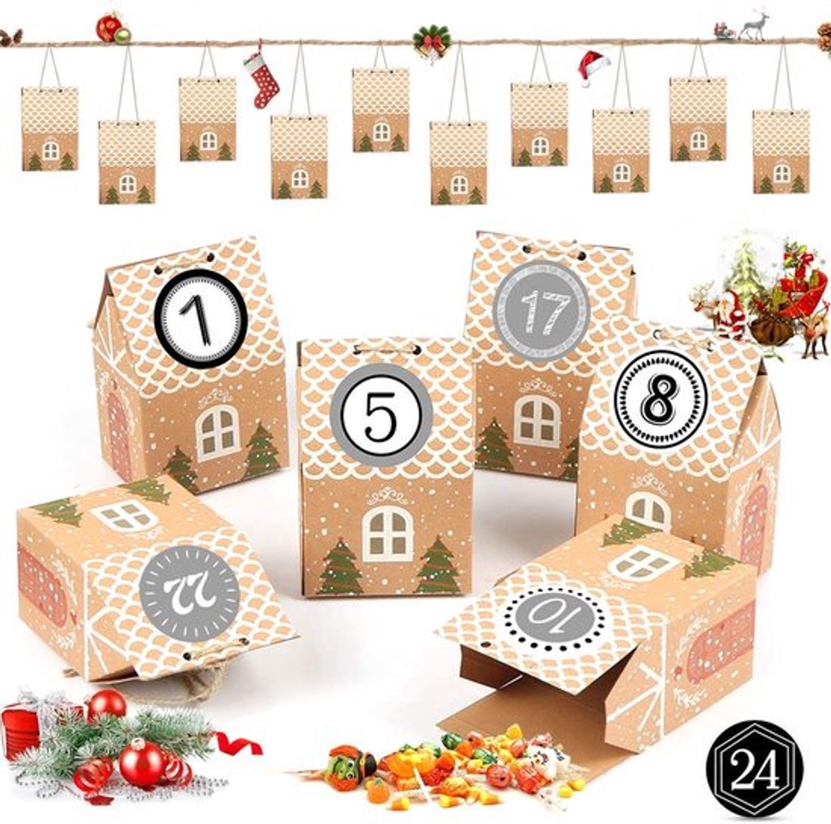 Adventskalender 2025 - 24 Dozen om te Vullen - DIY Knutseldozen - Herbruikbaar - Premium Papier - Schattige Huisjes - Kalenderdozen