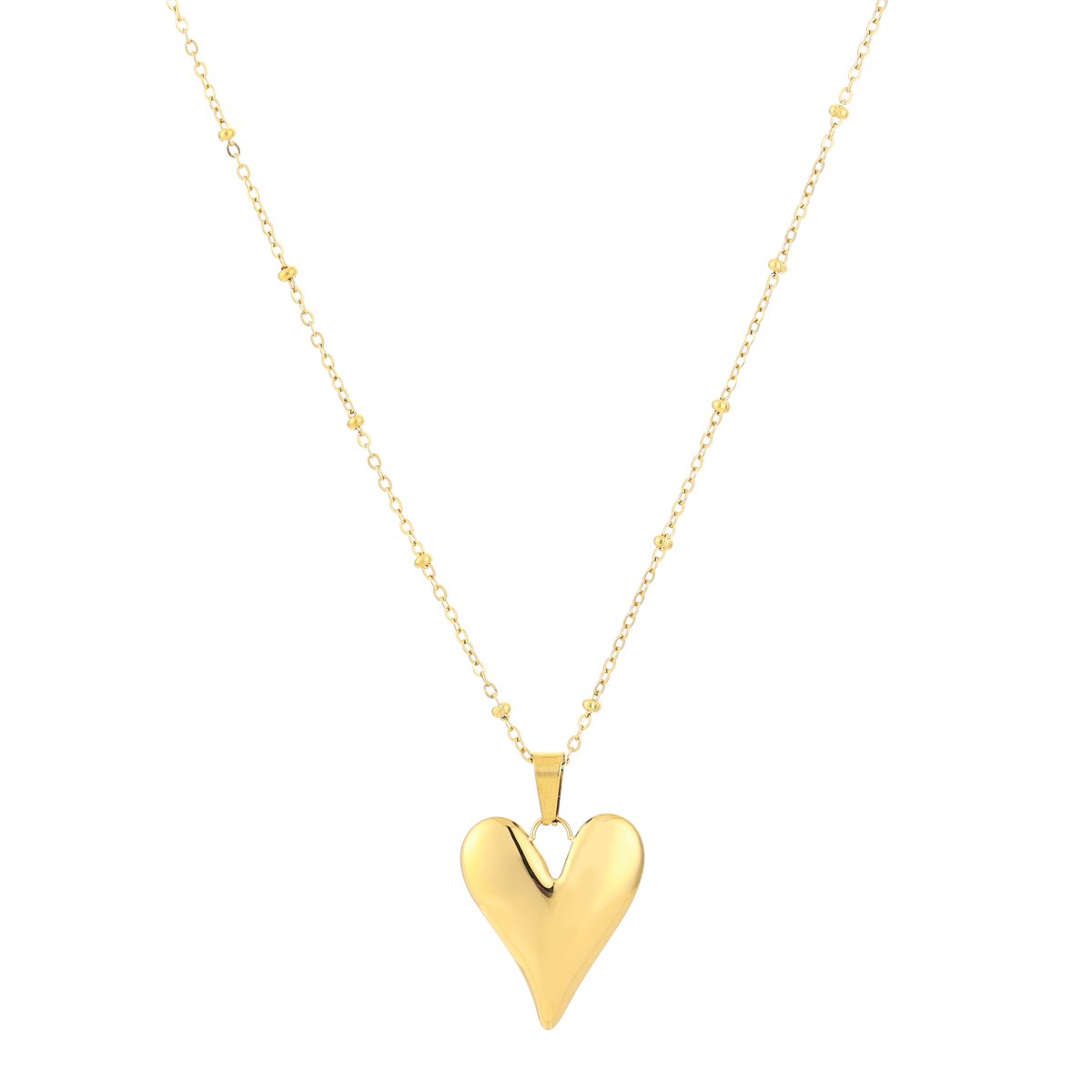 Puffed Heart Pendant Satellite Bead Chain Necklace – Bolletjes Ketting met Hart – RVS - Goud