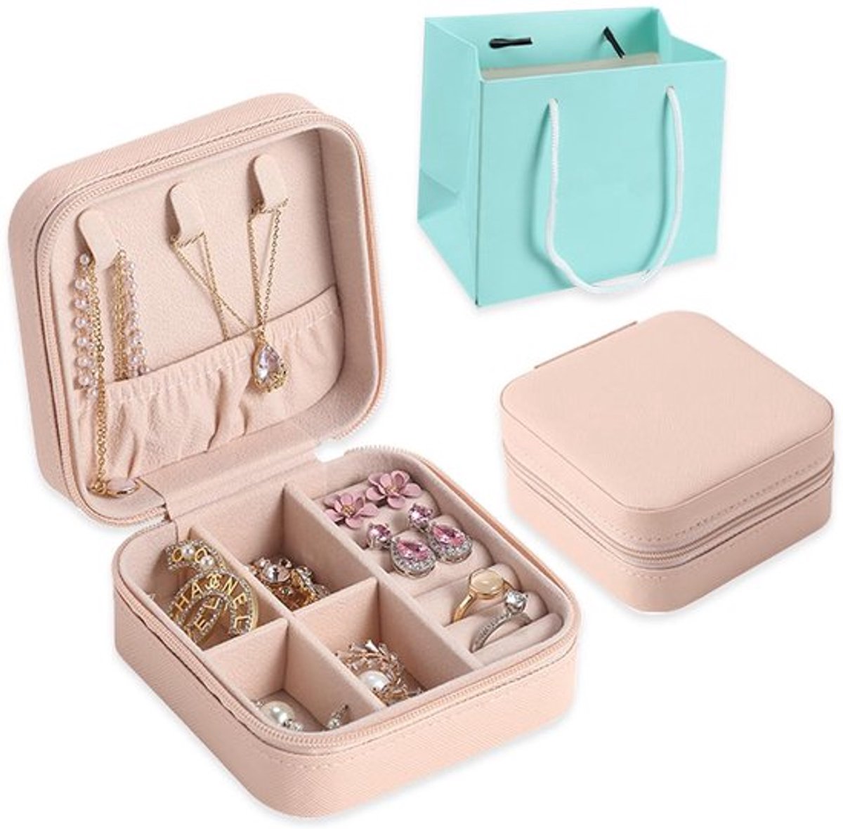 Sieradenbox - Klein en draagbaar - Juwelenkistje - Cadeau voor vrouwen - Perfect voor reizen - Hoogwaardige materialen - Inclusief tote bag - Juwelendoos