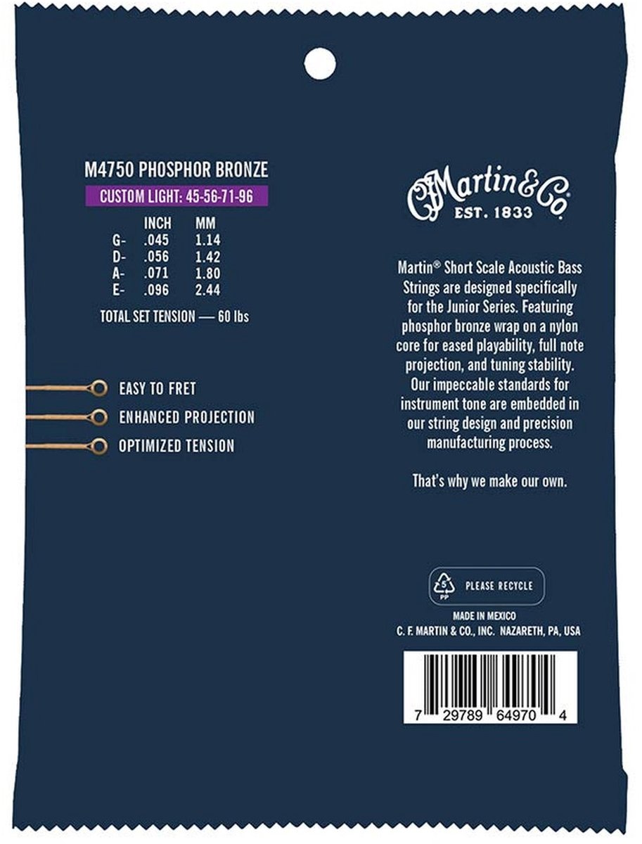 Martin & Co M4750 snaren set junior bass short scale, phosphor bronze on nylon core, custom light 045-056-071-096