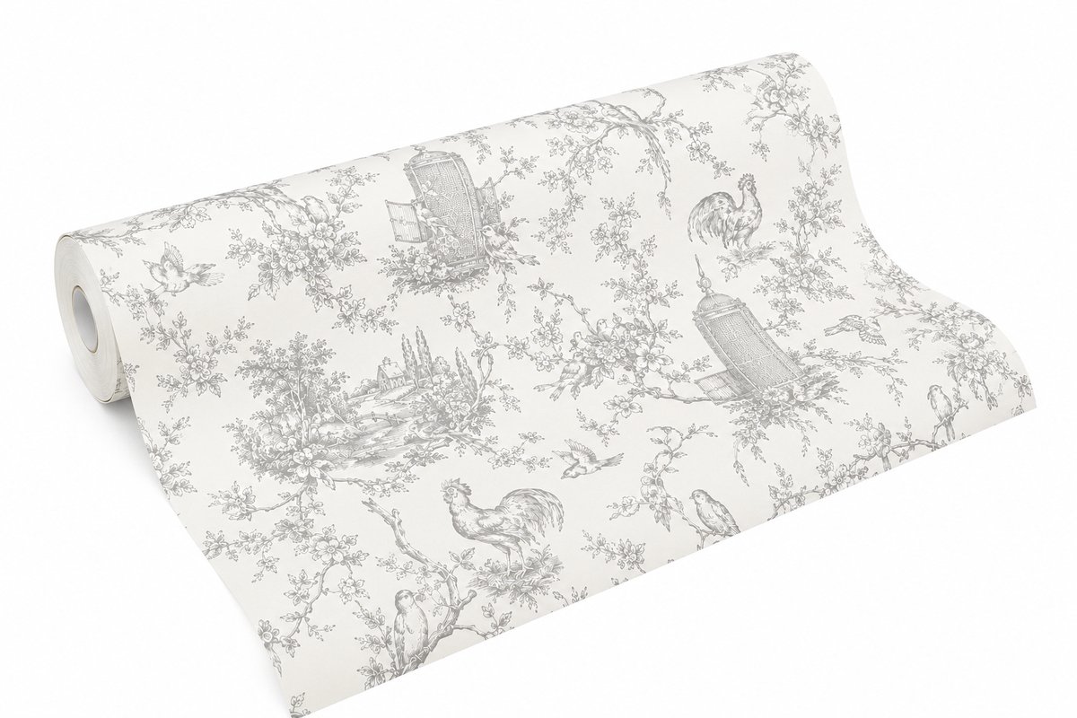 York Wallcoverings Toile de Jouy Behang Wit Grijs – Klassiek Vogel & Landschap Patroon – Vliesbehang – 52 cm x 10 m – AF2020