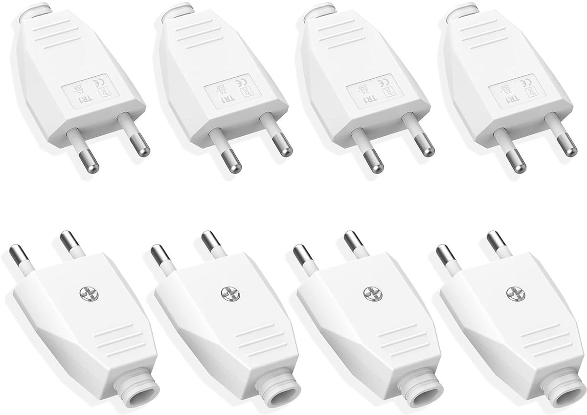 SnelShoppen - 8-delige witte platte stekker (250 V, 2.5 A), Euro stekker, Schuko platte stekker, netstekker, universele stekker volgens Europese stand