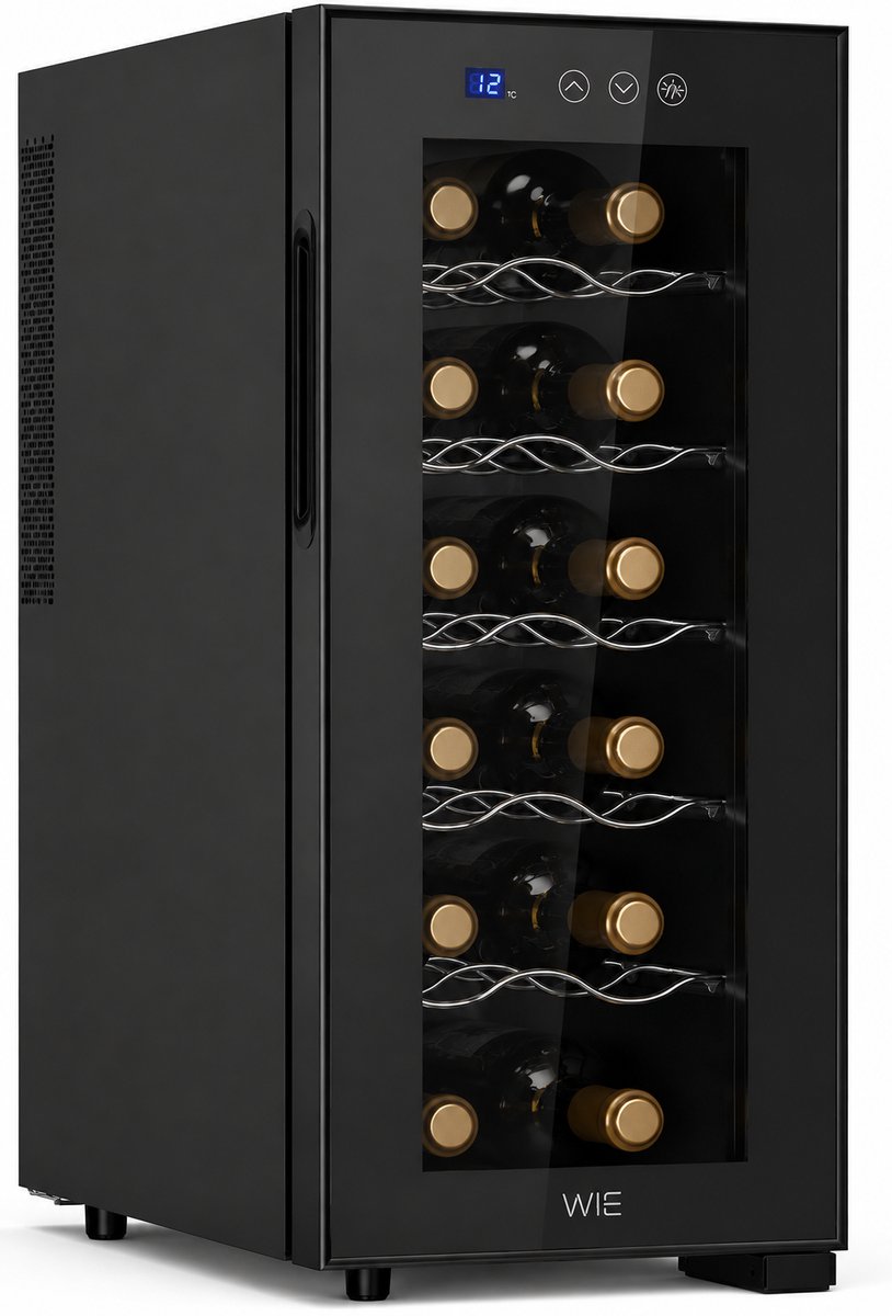 Wijnkoelkast 1 zone 33 liter 12 flessen drankkoelkast kleine wijnkoelkast mini met glazen deur volledig glazen designdeur met LED-touchpanel anti-UV