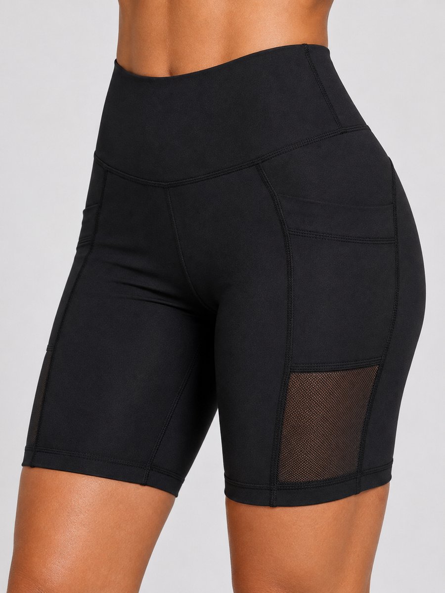 SparkNine Meshflex dames short - met zakken - stijlvolle mesh - M - zwart - hoge taille - ademend - fitness short - korte broek