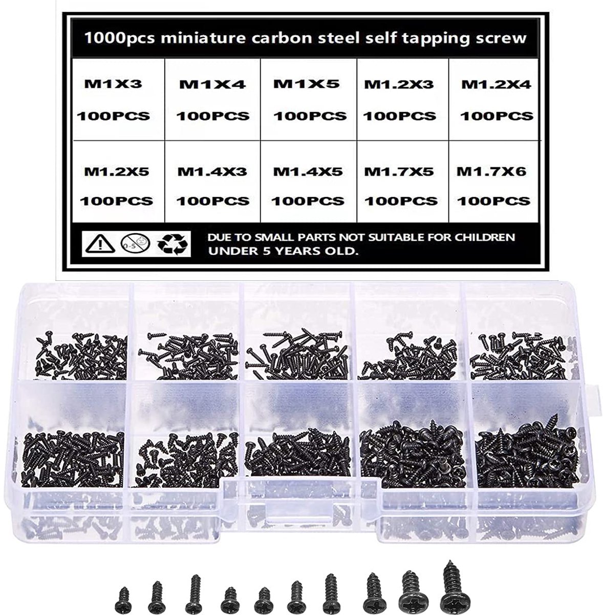 1000 stuks mini-zelftappende schroeven - Kleine zwarte schroeven - Micro M1 M1.2 M1.4 M1.7 - Voor brillen, horloges, telefoons, camera's, laptops enz.