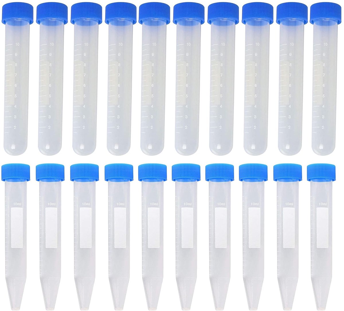 Centrifugebuisjes, 20 stuks, 10 ml, reageerbuisjes, kunststof centrifugebuizen met blauwe schroefsluiting, gegradueerde monsterhouder, monsterbuisjes voor laboratorium, chemie-experimenten