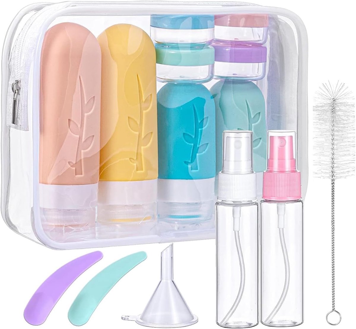 16 Stuks Reisflessenset om te Vullen, 100 ml, Siliconen Reisflessen voor Shampoo, Lotion, Haarspoeling, Douchegel, BPA-vrij, met Etiketten, Lekvrije Reisflessen met Toilettas