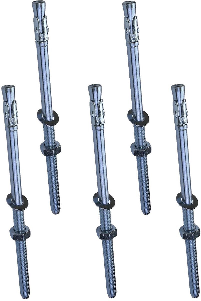 - C54034 - set van 5 bouten ankerschroef boutanker lange schroefdraad, spreidpluggen - M10x200mm - van verzinkt staal - voor beton, steen, massief materiaal