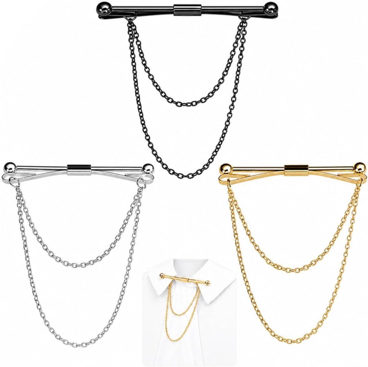 3 Stuks Kragen Bar Pins, Stropdas Kragen Pin, Kragen Bar Met Ketting, Klassieke Metalen Stropdasklemmen, voor Jubileum, Feest, Afspraak, Huwelijk (Zwart, Goud, Zilver)