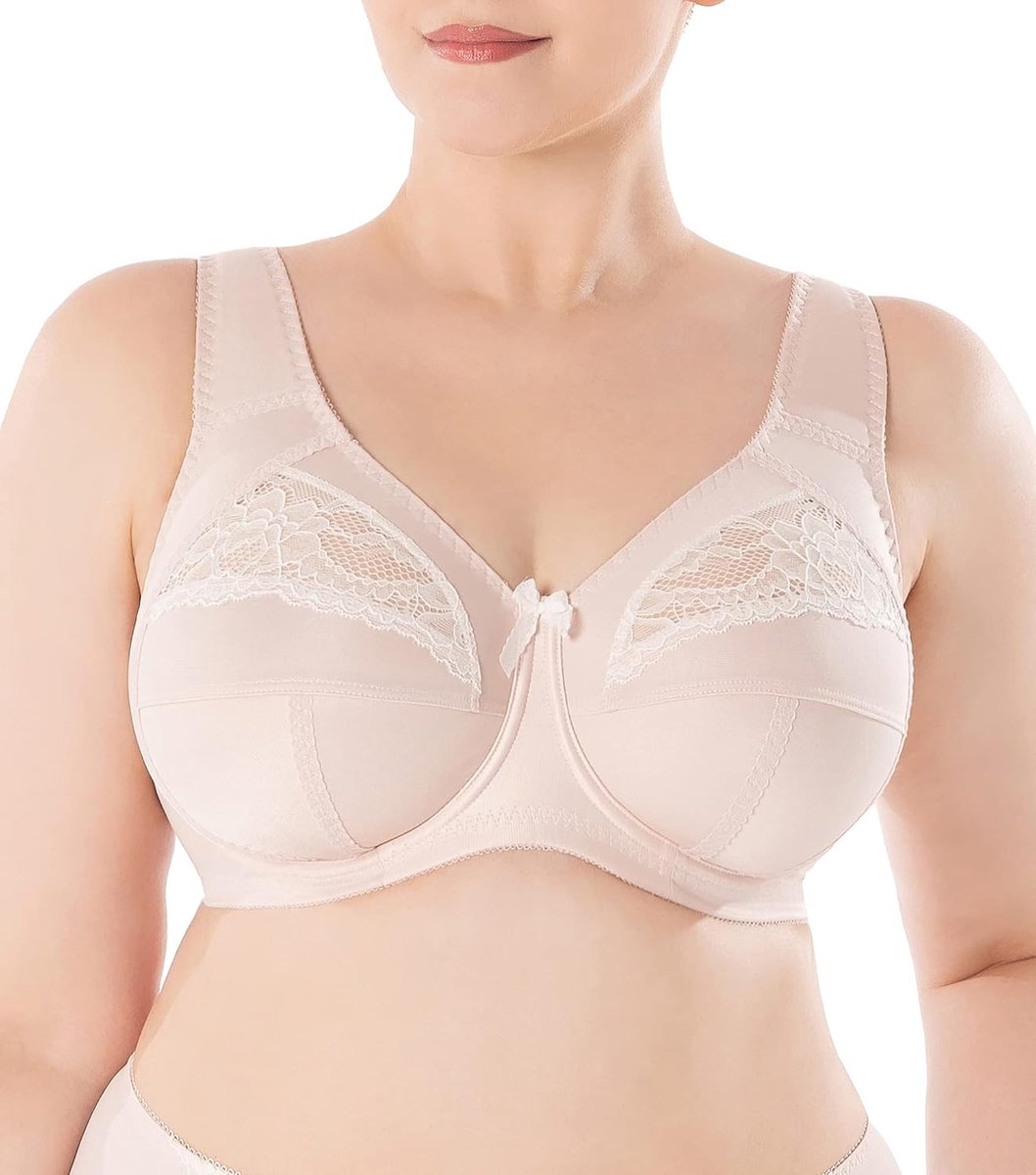 zachte beha met beugel, met kant, grote maten, brede bandjes, katoen gelamineerd, zachte, stabiele ondersteuning, nude beige, grote borsten, comfortabel