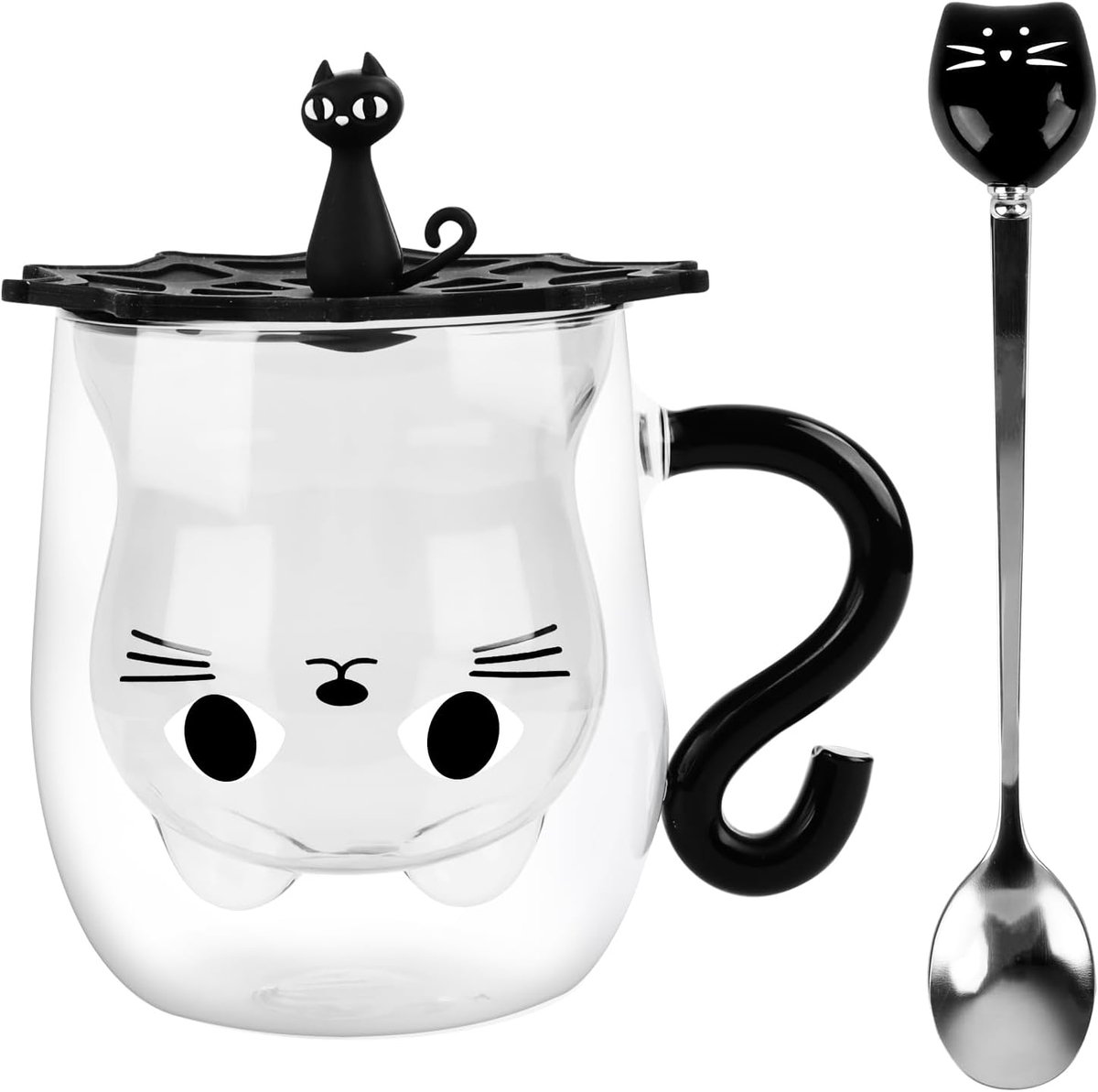 kattenmok, dubbelwandig geïsoleerd glas, 280 ml, met lepel, cadeau voor kattenliefhebbers