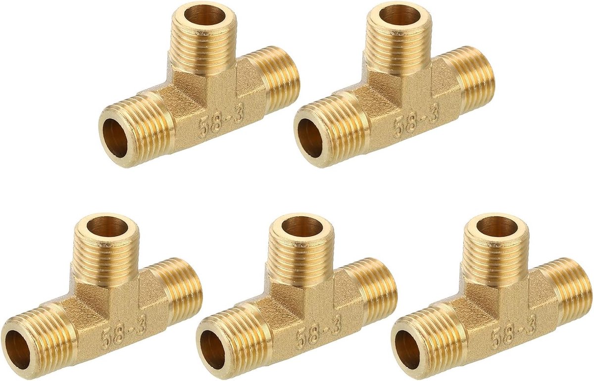 T-stuk messing 1/4" x 1/4" x 1/4" NPT 3-weg T-connector koppelingsadapter voor gastransport, 5 stuks