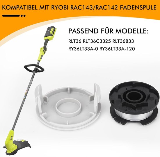 RAC143/5132002770 draadspoel geschikt voor Ryobi 36V RLT36 RLT36C3325 RLT36B33 RY36LT33A-0 accu grastrimmer, 3,3 M lengte Ø 2 mm met spoel afdekking (6 spoelen, 2 doppen) — afbeelding 3