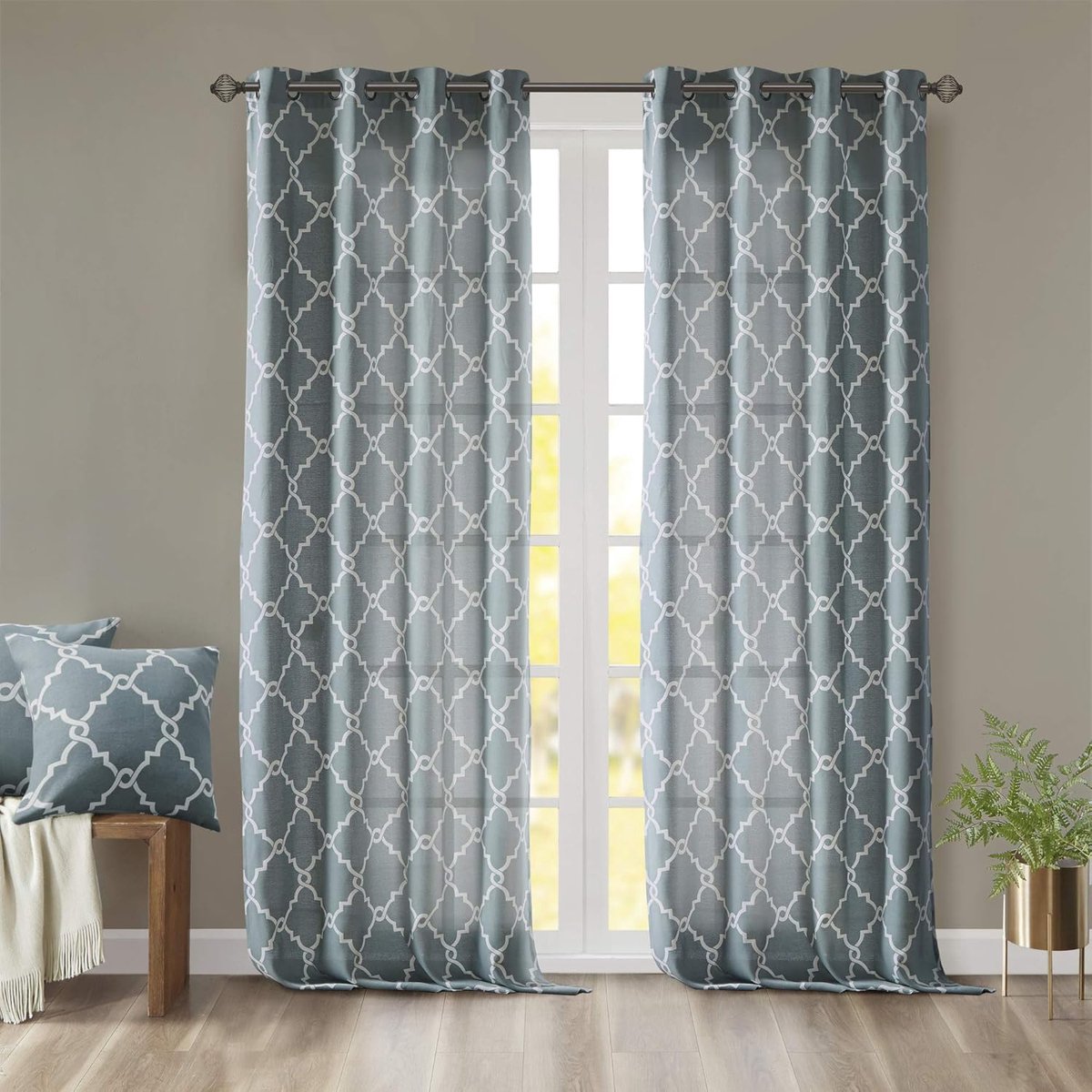 Park Saratoga Single Window Gordijn Licht Filtering Fretwork Print 1 Panel Grommet Top Drape/Valance voor Woonkamer Slaapkamer en Dorm, 50x95, Blauw
