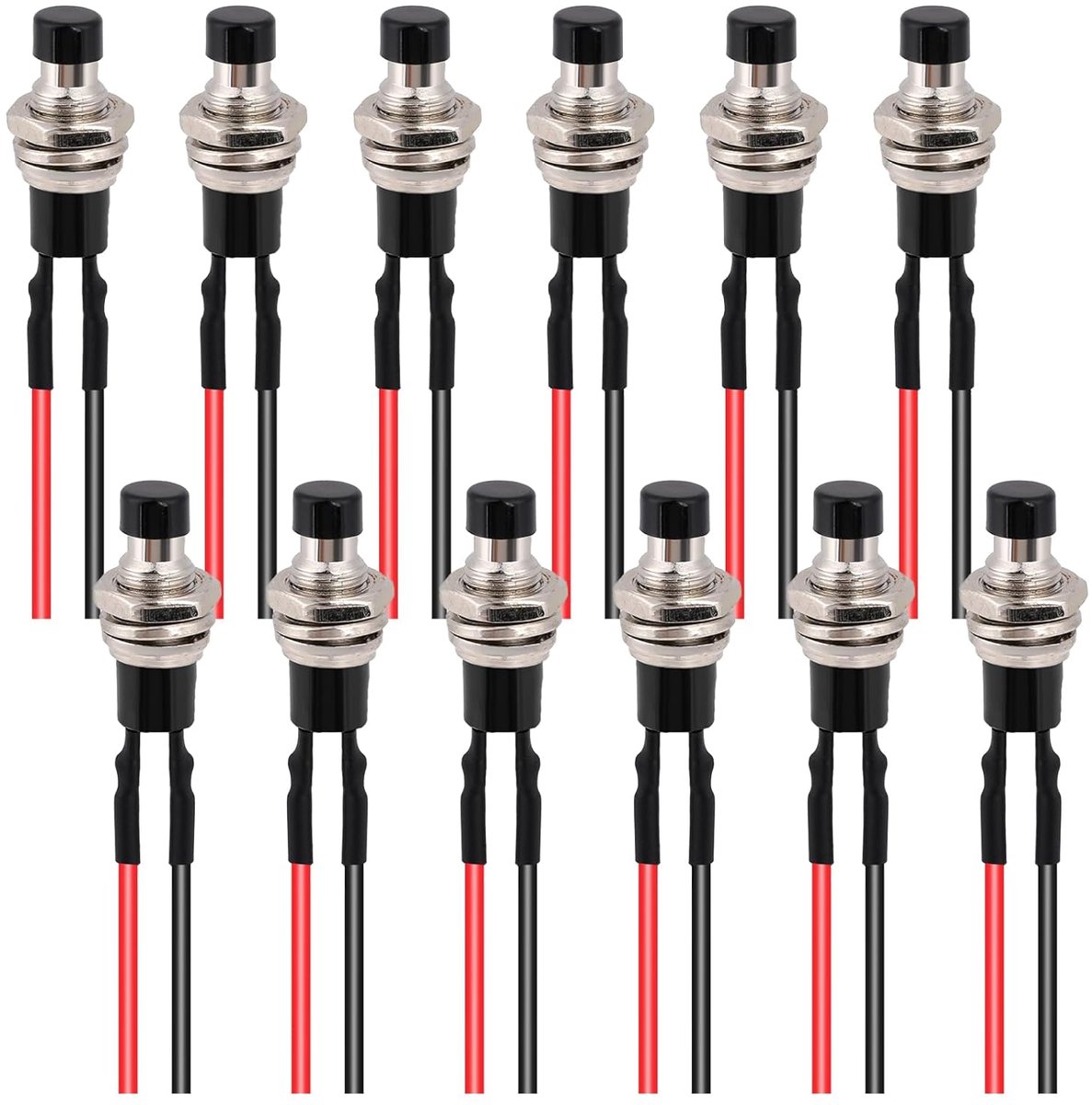 12 stuks 7 mm voorbekabelde mini-momentane drukknop, knopschakelaar, 12 V, 3 A, 220 V, SPST 2 pins, vooraf gesoldeerde drukknopschakelaar, ronde platte knop, drukknoppen, rode drukknop voor