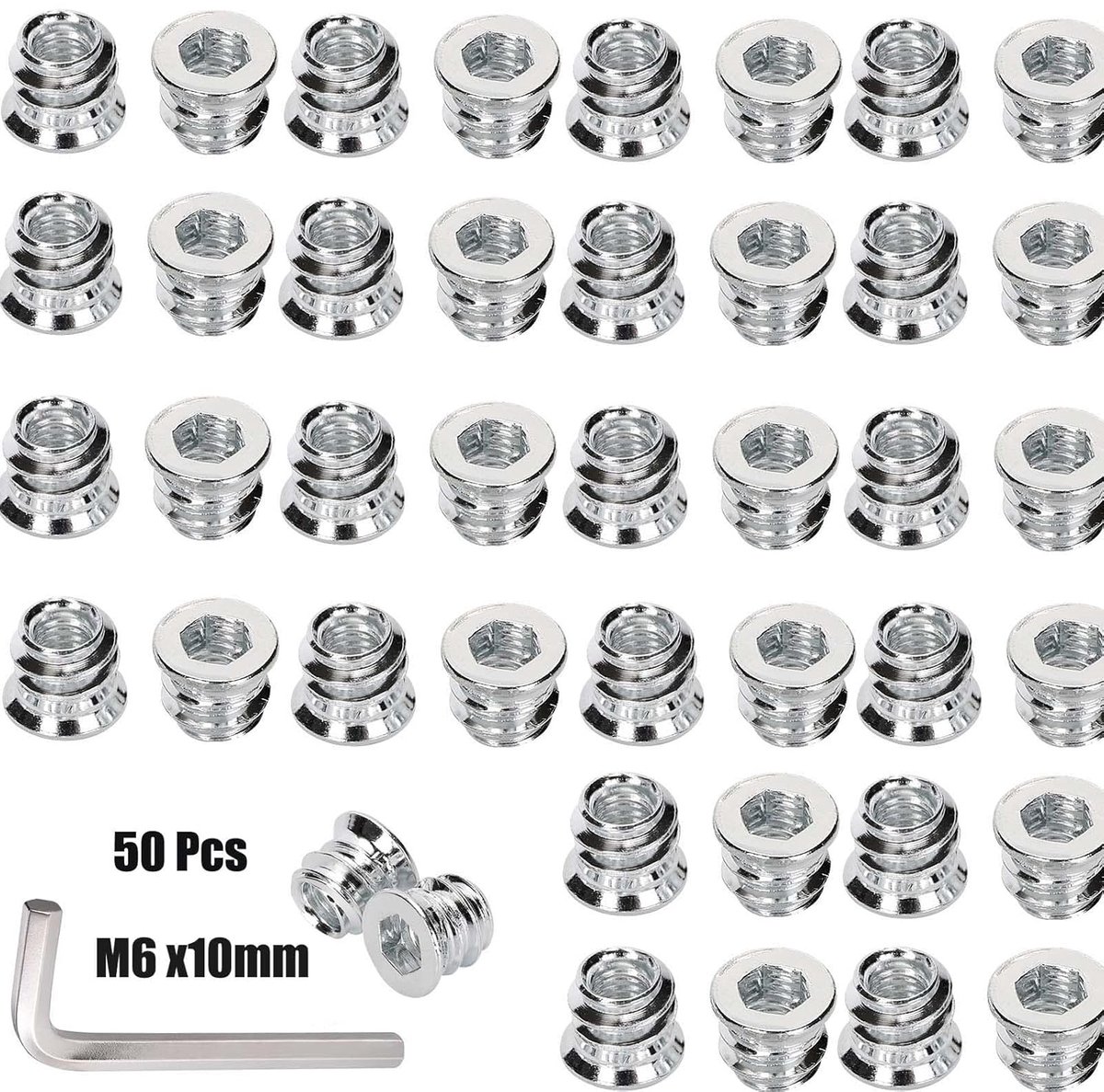 M6 x 10 mm, schroefmoeren voor hout, inschroefmoffen, binnenzeskant voor houten meubels, schroefdraadinzet moeren, hex, binnenzeskantmoeren van verzinkt staal, 50 stuks