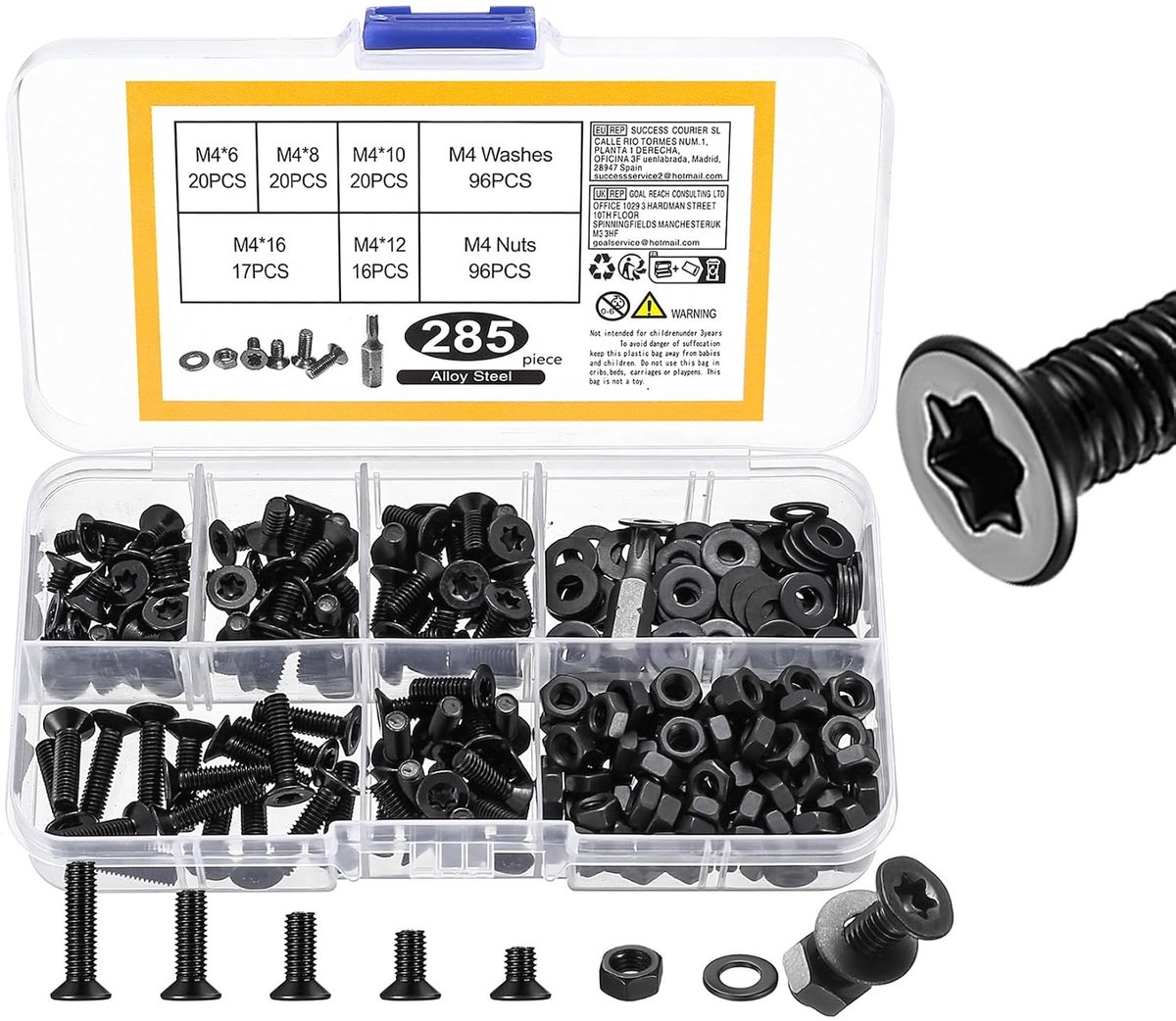 285 stuks M4 schroeven set, M4 Torx schroeven set, verzonken schroeven moeren en onderlegringen set, Torx platte kop schroeven, draadschroven set, machineschroven sortiment, zwart