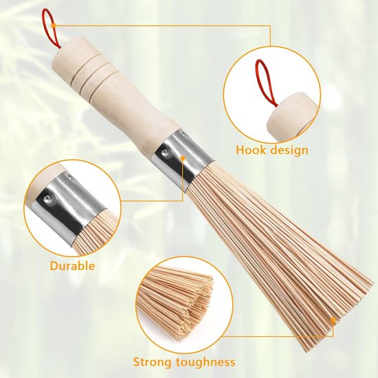 4 stuks wokborstels bamboe set, paddenstoelborstel, bamboe wok met koordborstel voor het reinigen van potten, pannen, borden en bestek met 4 haken (twee stijlen) — afbeelding 2