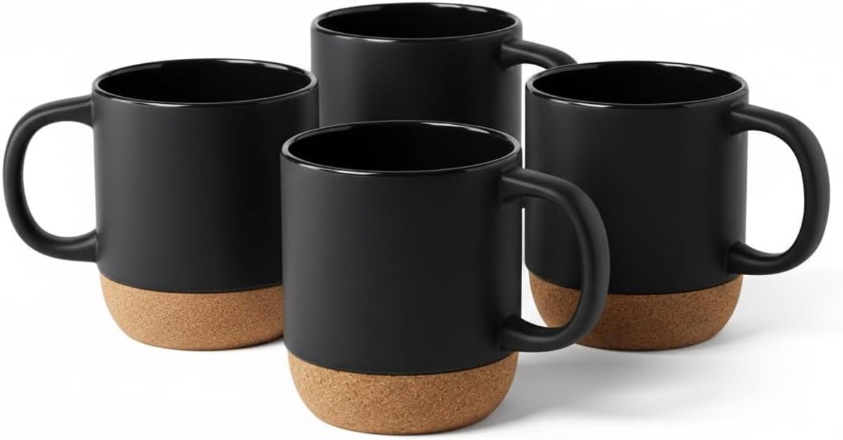 Set van Grote Keramische Koffiemokken | Hoge Witte en Zwarte Mokken met Kurken Onderzetter | Moderne Mokkenset voor Ontbijt en Thee | Perfect voor Thuis en op Kantoor (Zwart, 4)