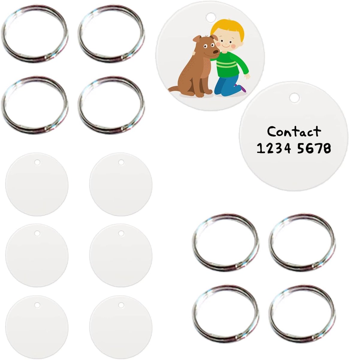 hondenlabels, 8 stuks sublimatiehondentags met 8 stuks sleutelhangers dubbelzijdig aluminium hondenID-tags blanks voor honden katten huisdieren, rond