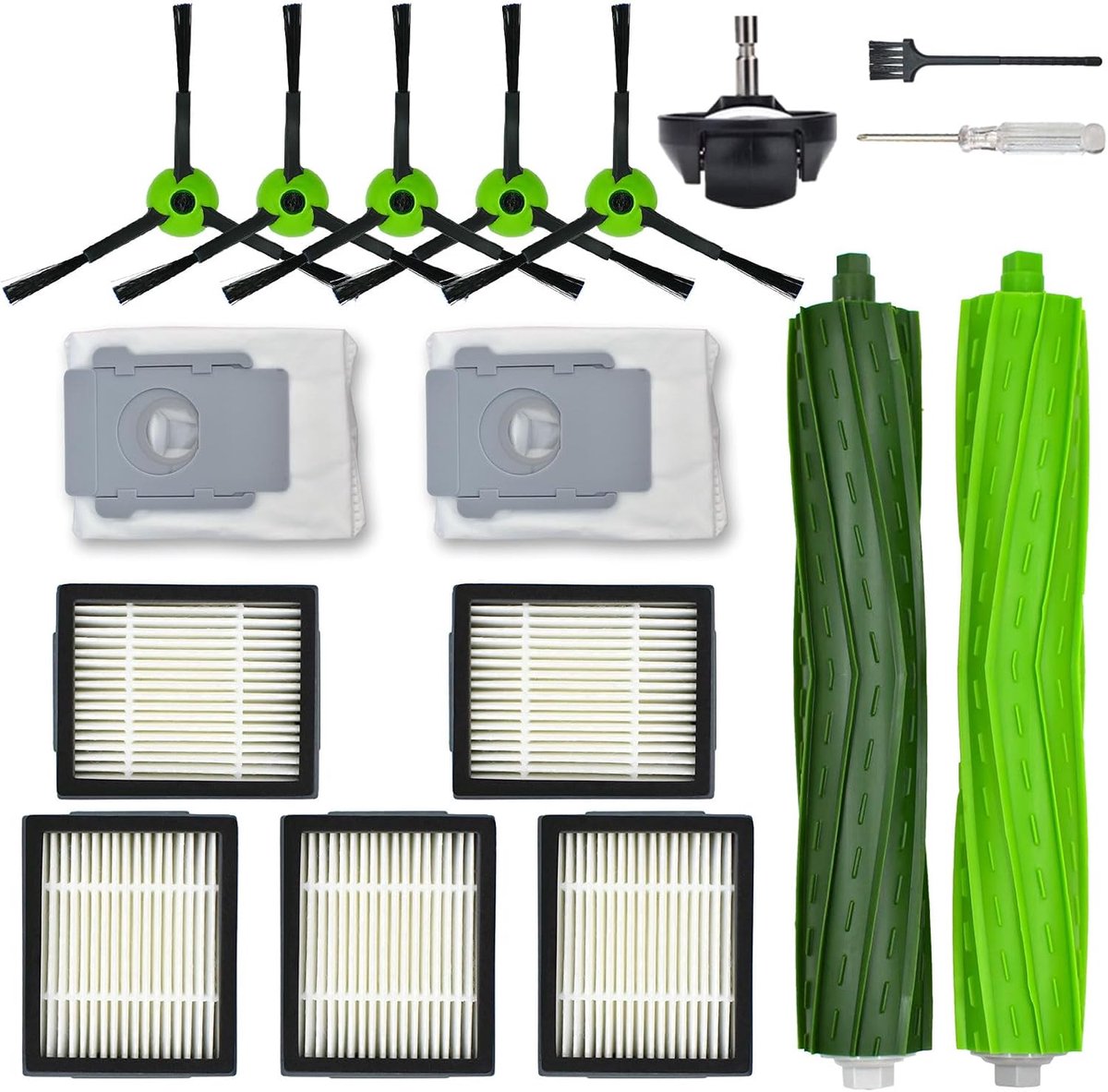 Vervangingsonderdelen voor iRobot Roomba J Plus Series J5+ J6+ J7+ J8+ J9+ – 1 hoofdborstel, 2 stofzakken, 5 zwarte zijborstels, 5 filters, 1 voorwiel (Zonder Combo j7+ j9+)