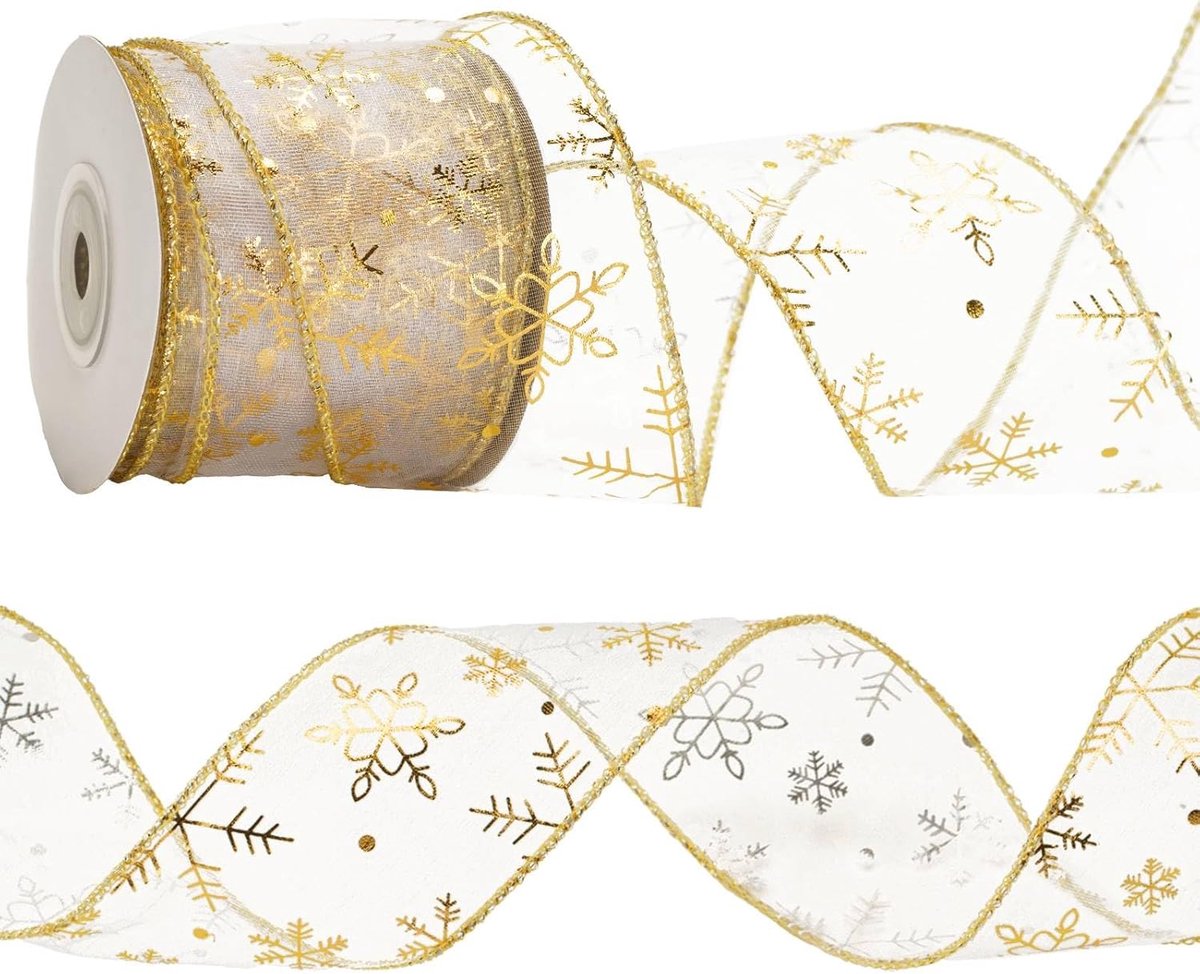 Kerstboom Goud Bedraad Lint Organza - 10 Meter 2,5 Inch Met Glitter Sneeuwvlok - Doorschijnend Voor Kransen, Geschenkverpakking, Slinger Decoraties en Strikken