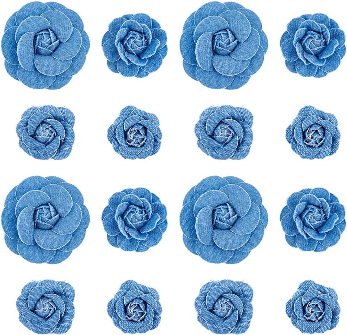 16Pcs 4 Stijlen Blauw Denim Doek Bloemen Stof Camelia Canvas Stof Bloem Bloemvormige Genaaide Accessoires Voor Kleding Jas Rok Jas Trim Broche Ambachten