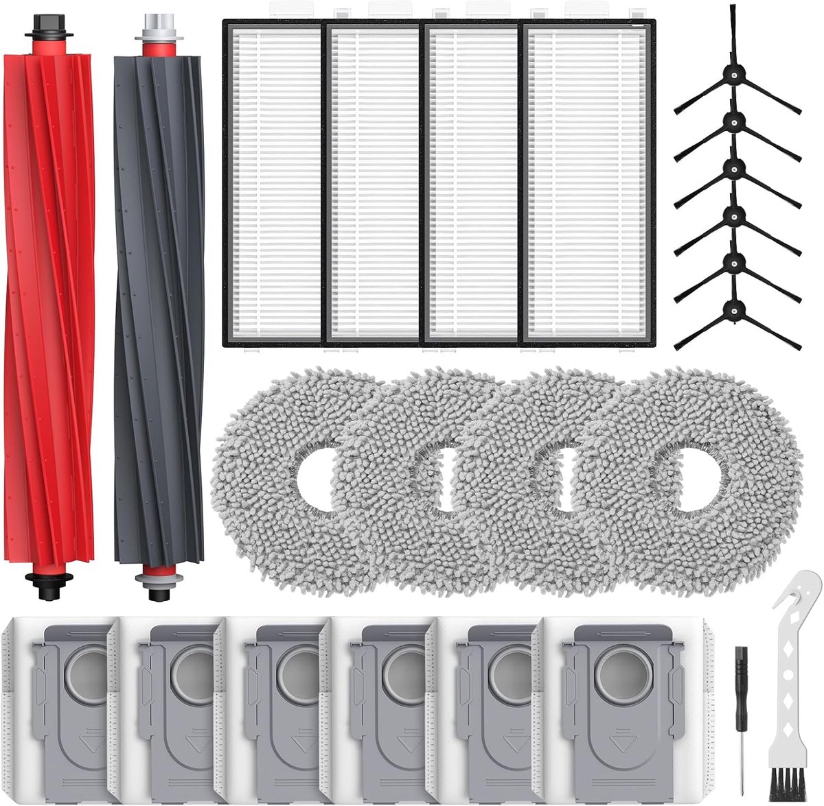 24 stuks Qrevo Master accessoires, compatibel met Roborock Qrevo Master/Qrevo Slim robotstofzuiger, 2 rolborstels, 4 HEPA-filters, 6 stofzakken, 4 reinigingsdoeken, 6 zijborstels