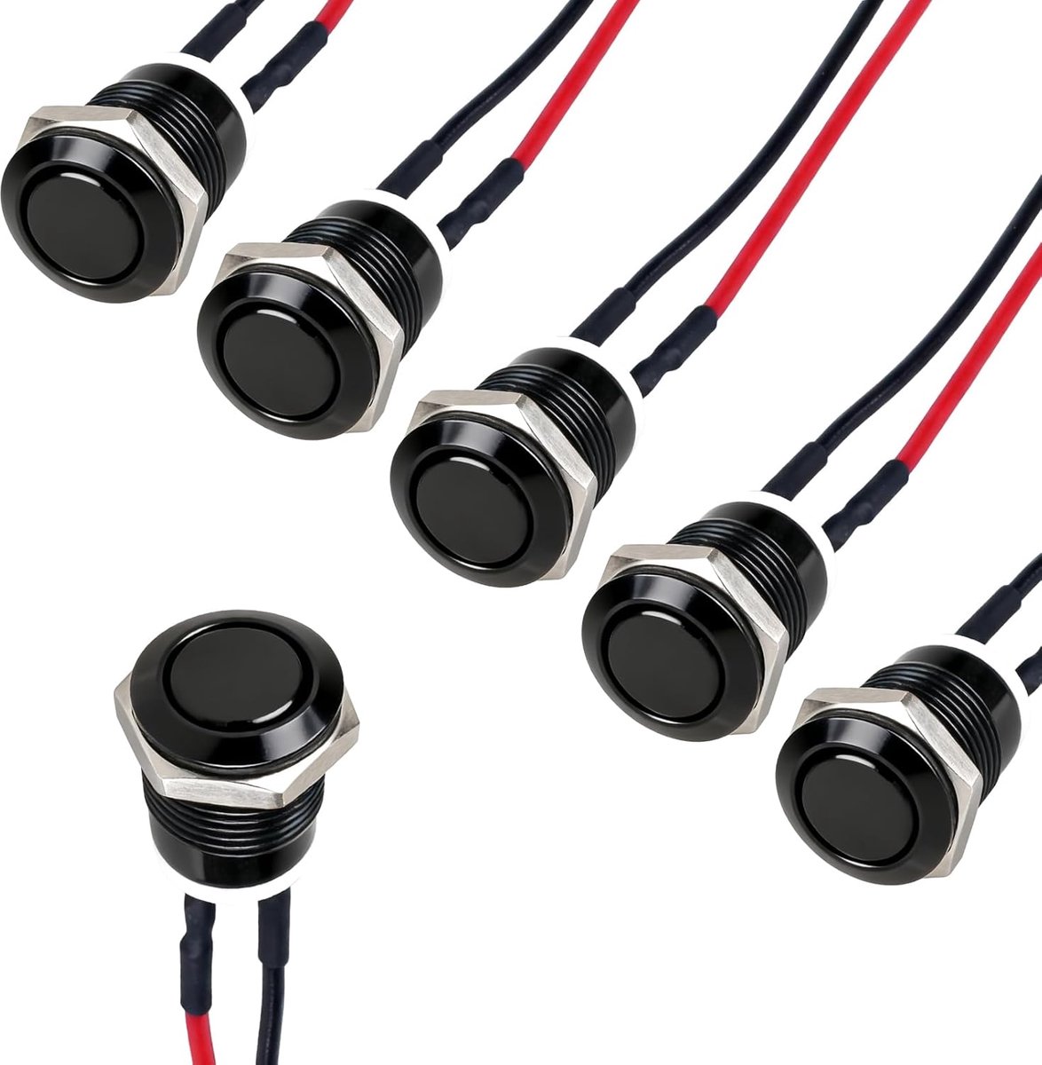 6 stuks 12 mm voorbedraad drukknop, 12V 2A momentane drukschakelaar met platte kop, IP65 waterdichte metalen drukknop voor auto, boot, claxon