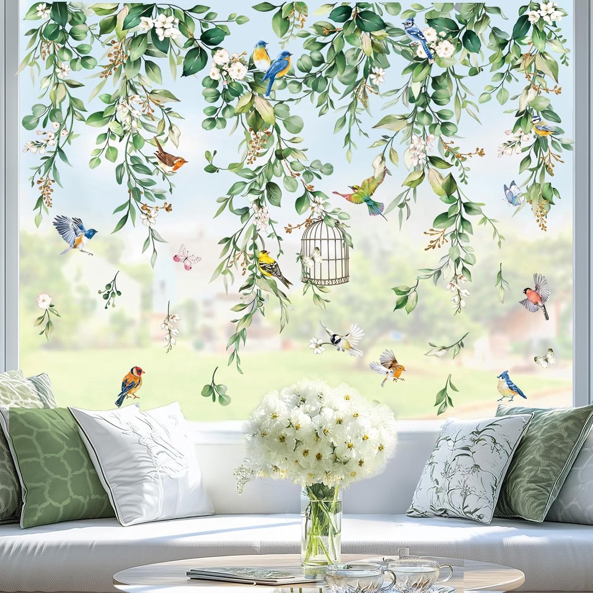 wondever Spring Summer Hangende Wijnstok Eucalyptus Raamklampt Groene Bladeren Bloemen Vogels Glas Sticker Decal Anti-Collision Dubbelzijdige Statische Raamstickers voor Thuisglas
