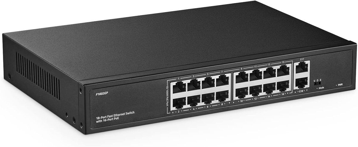 PoE Switch 16-poorts - 10/100Mbps PoE+ - 2 Gigabit uplink - Totale output 200W - ShopVlot