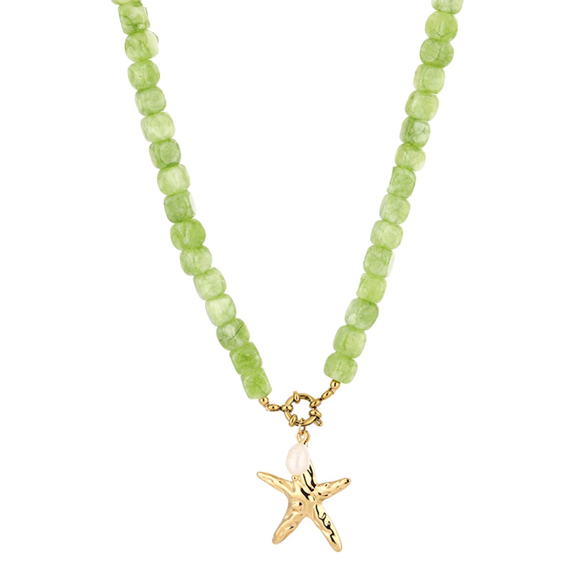 Starfish Charm Square Gemstone Bead Necklace – Kralen Ketting met Zeester – RVS - Groen