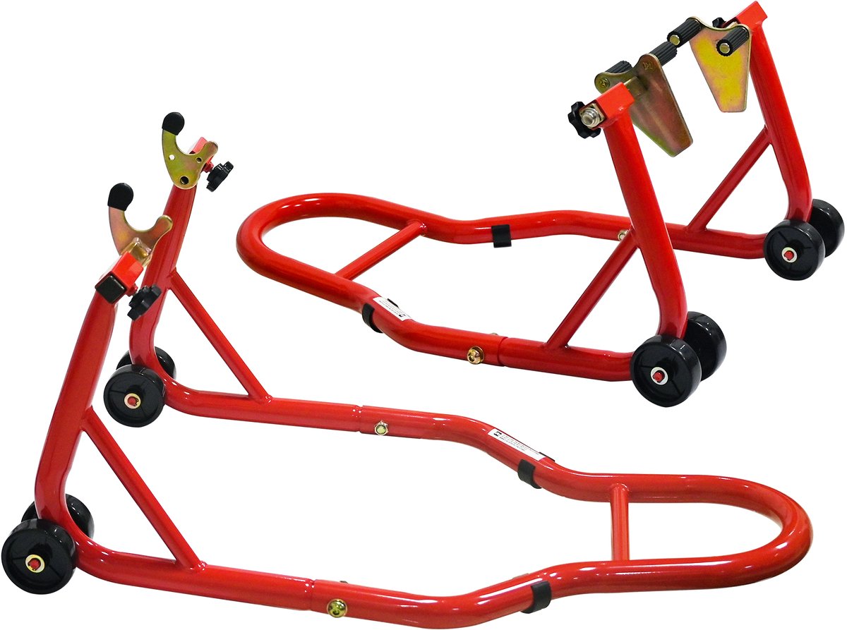 Motorfiets-hefset met combinatiestandaard voor- en achterwiel - heft de motorfiets op - past op voor- en achterwiel - draagvermogen 440 lbs - rode kleur - geschikt voor de meeste motorfietsen